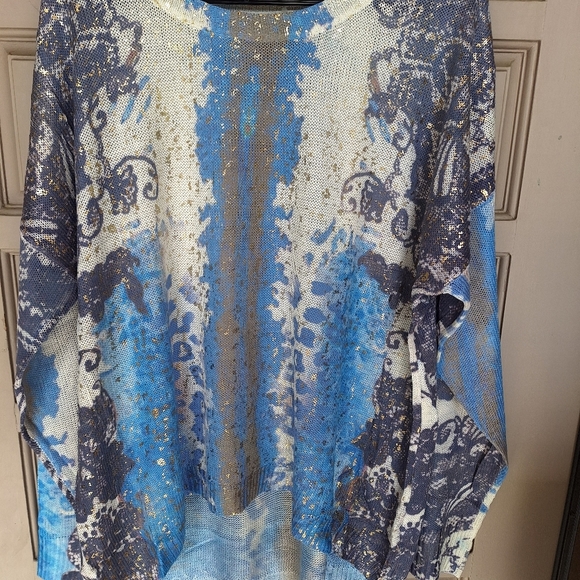 Lightweight Sweater Blue/White/Gold Patterned Women's Top SzL Long Sleeves - Picture 8 of 8